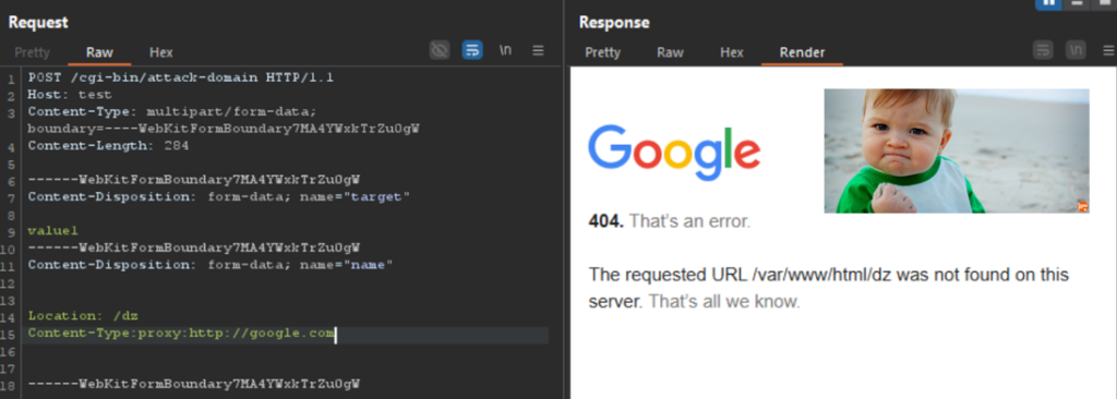 Burp Suite : en invoquant le handler proxy vers une URL cible, la SSRF est obtenue, le serveur relaie la requête