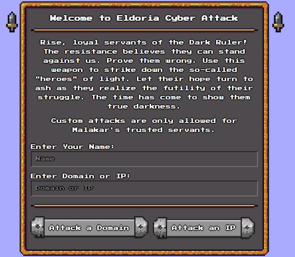 Interface web du challenge Eldoria Cyber Attack avec champs nom et cible et boutons Attack a Domain et Attack an IP