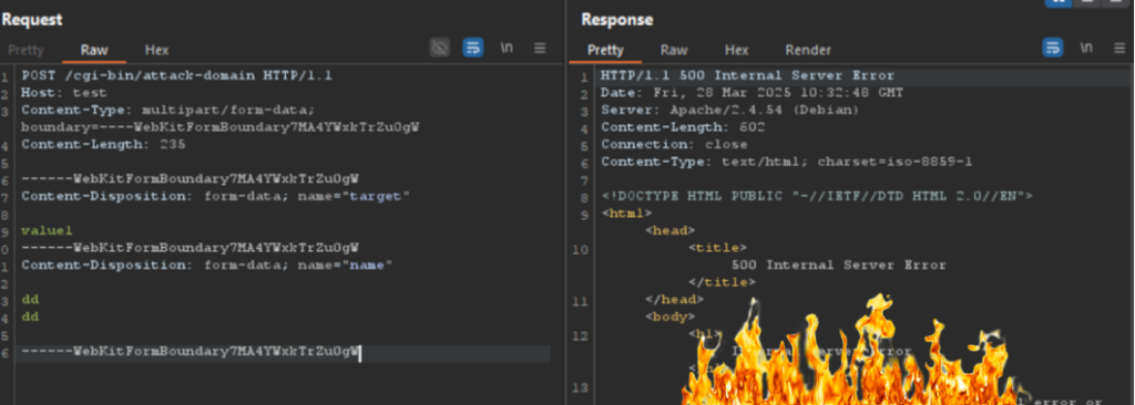 Burp Suite : injecter des retours à la ligne dans le paramètre name déclenche une erreur 500 d'Apache 2.4.54
