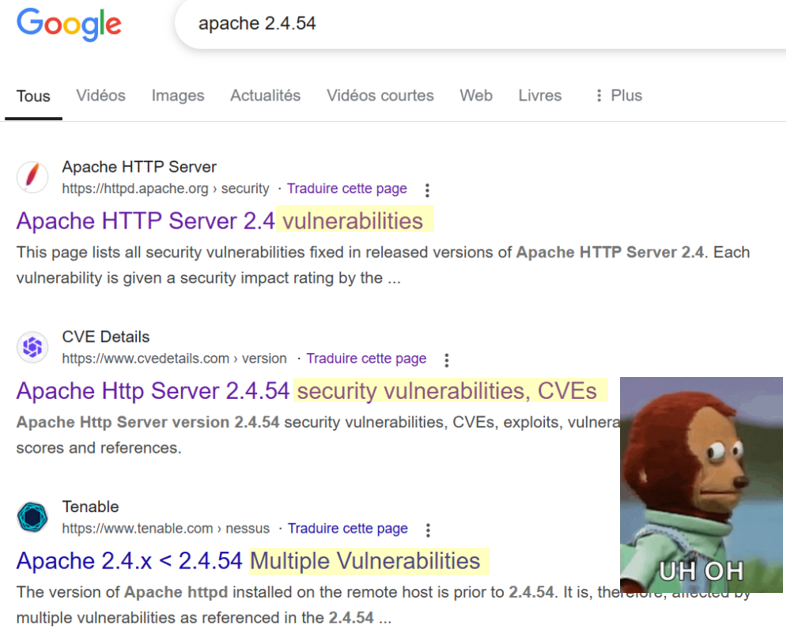 Recherche Google pour Apache 2.4.54 listant de nombreuses vulnérabilités et CVE pour cette version