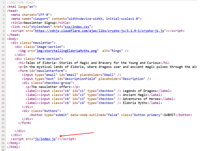 Code source HTML : le formulaire de newsletter charge un script js/index.js suspect en fin de page