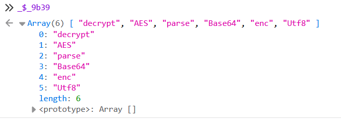 Console JavaScript : le tableau _$_9b39 révèle les chaînes decrypt, AES, Base64 et Utf8 utilisées par le script