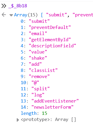 Console JavaScript : le tableau _$_8b18 contient les noms des champs et méthodes du formulaire newsletter