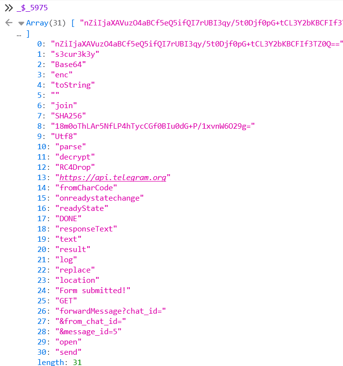 Console JavaScript : le tableau _$_5975 contient le token chiffré, RC4Drop et l'URL de l'API Telegram