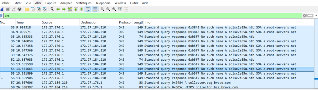 Wireshark : le malware envoie des requêtes DNS vers un domaine .htb qui ne se résout pas