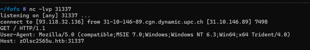 Terminal : netcat en écoute sur le port 31337 reçoit une requête HTTP GET envoyée par le malware