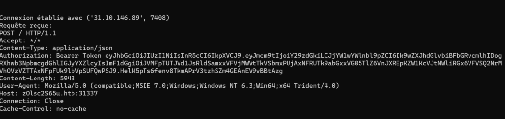 Terminal : le serveur HTTP honeypot reçoit une requête POST du malware contenant un token JWT