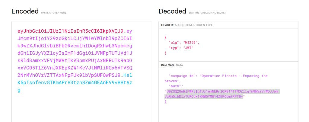 jwt.io : le token JWT décodé contient un identifiant de campagne et un champ auth encodé en base64