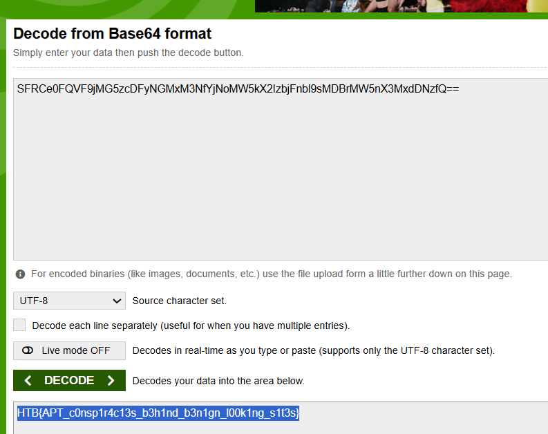 Décodeur base64 en ligne : le décodage du champ auth fait apparaître le flag du challenge