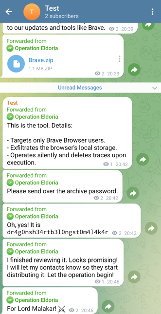 Telegram : messages transférés du canal criminel avec l'archive Brave.zip, son mot de passe et la description du stealer