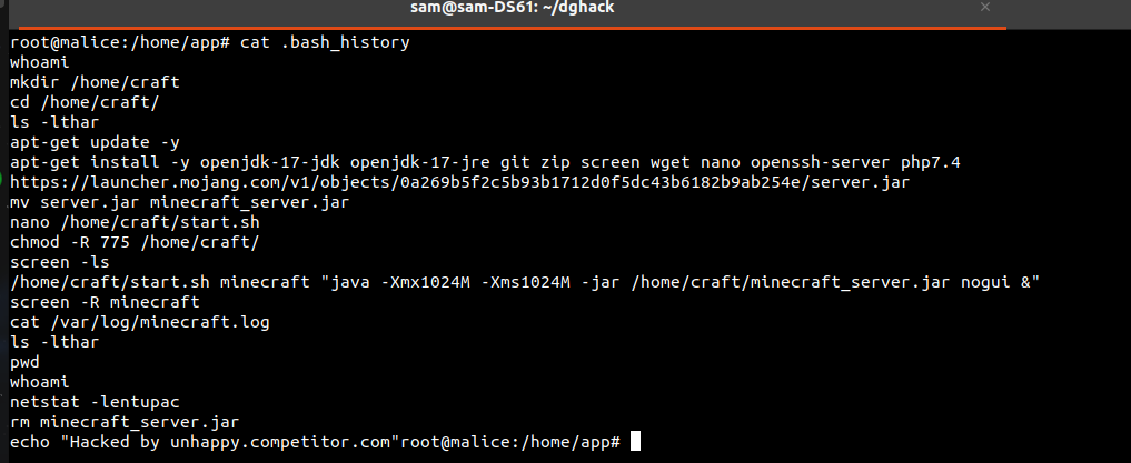 Terminal : le bash_history montre la suppression du serveur Minecraft par les attaquants