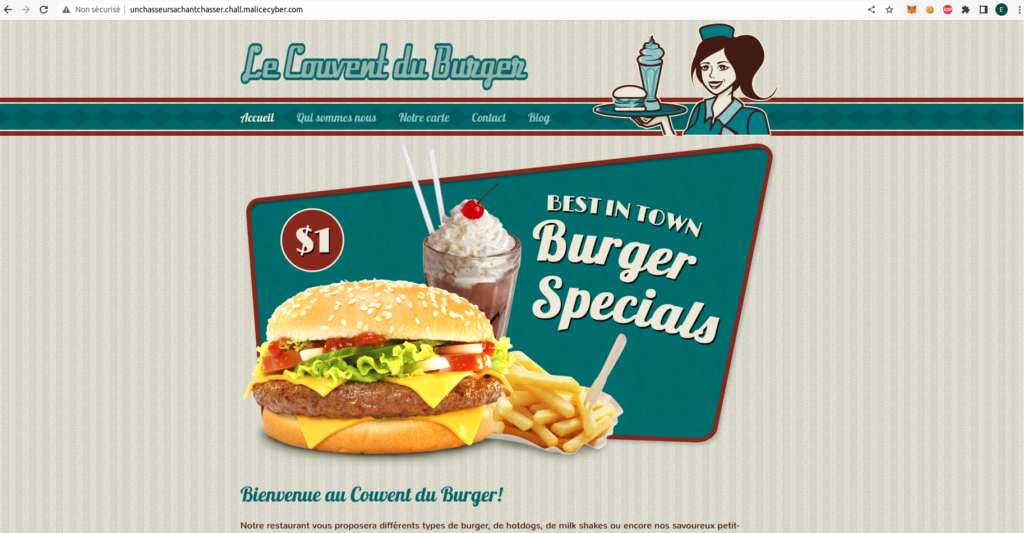 Navigateur : le site vitrine Le Couvent du Burger, cible du challenge