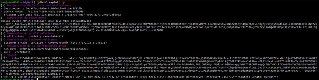 Terminal : le script Python forge le token admin et déroule l'exploitation du Covenant