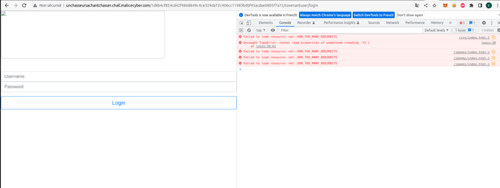 Navigateur : la page de login Covenant buguée avec ses erreurs de redirection en console