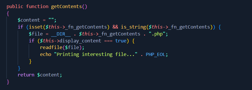 Code PHP FnStream : la méthode getContents lit et affiche un fichier, point d'arrivée de la POP chain