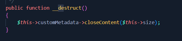 Code PHP Stream : la méthode __destruct appelle closeContent sur customMetadata, point de départ de la POP chain