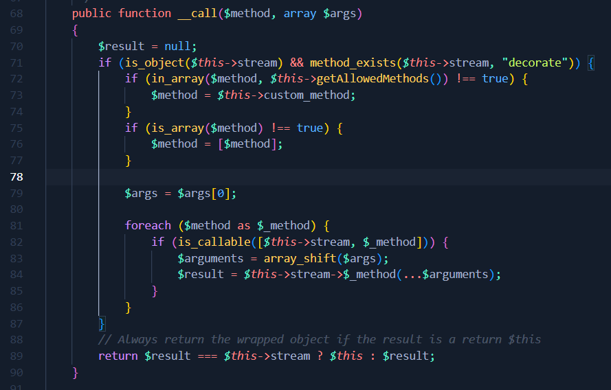 Code PHP StreamDecoratorTrait : la méthode magique __call enchaîne les méthodes listées dans custom_method