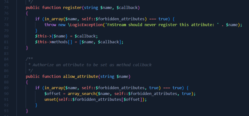 Code PHP FnStream : les méthodes register et allow_attribute permettent de contourner la liste des attributs interdits