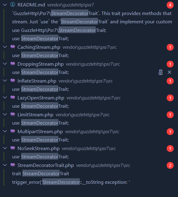 VS Code : les classes du paquet psr7 utilisant le trait StreamDecoratorTrait, dont LimitStream retenue pour la chaîne