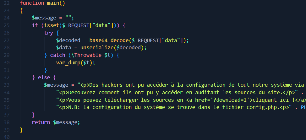Code PHP de functions.php : la fonction main désérialise le paramètre data fourni par l'utilisateur après décodage base64