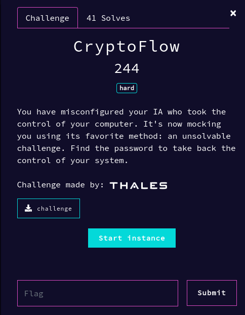 Plateforme ECW : fiche du challenge crypto CryptoFlow, difficulté hard, 244 points, conçu par Thales