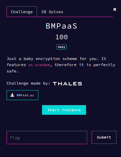 Plateforme ECW : description du challenge crypto BMPaaS proposé par Thales, noté easy pour 100 points