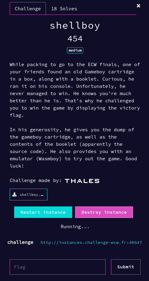 Fiche du challenge shellboy de l'ECW 2023 : difficulté medium, 454 points, 18 résolutions