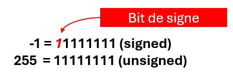 Schéma : l'octet 11111111 vaut -1 en signé et 255 en non signé, d'où l'integer underflow