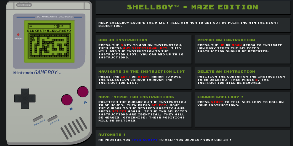 Interface web Shellboy Maze Edition : émulateur Game Boy et aide sur les commandes du jeu