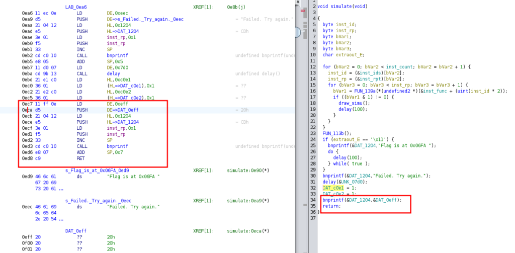 Ghidra : fin de la fonction simulate, l'appel à bnprintf choisi comme point de saut pour afficher le flag