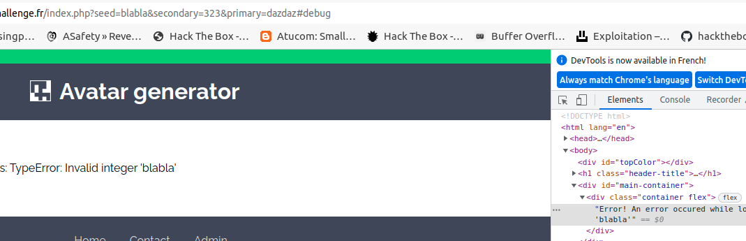 Navigateur : le mode debug affiche une erreur TypeError révélant notre injection