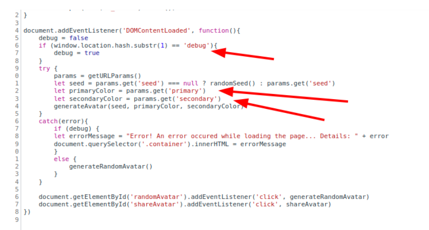 Code source app.js : les paramètres GET primary et secondary et l'ancre debug