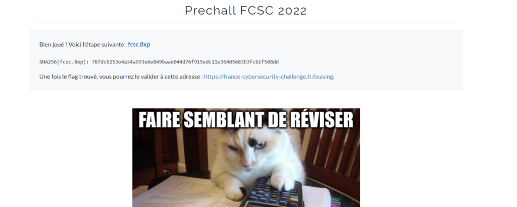 Navigateur : la page cachée du FCSC 2022 fournit le programme fcsc.8xp pour l'étape suivante, avec un mème de chat