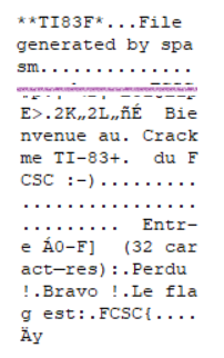 HxD : chaînes du fichier révélant un crackme TI-83+ qui attend une entrée de 32 caractères