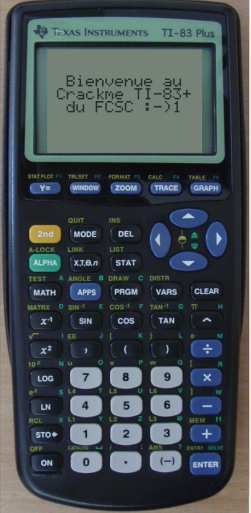 Émulateur TilEm : la TI-83 Plus affiche le message de bienvenue du crackme du FCSC