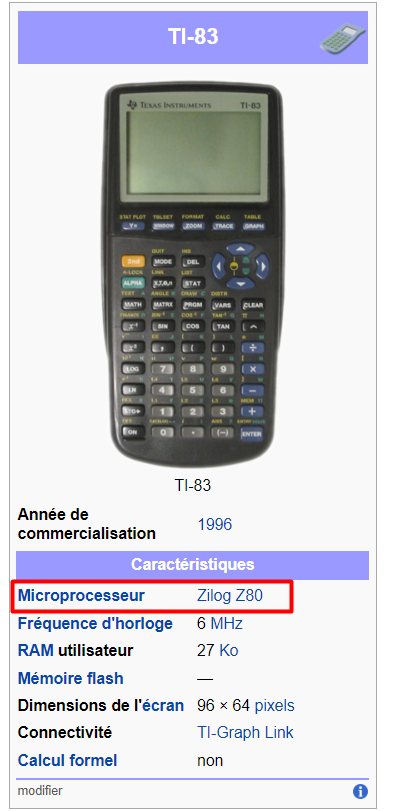 Wikipédia : fiche technique de la TI-83 indiquant un microprocesseur Zilog Z80