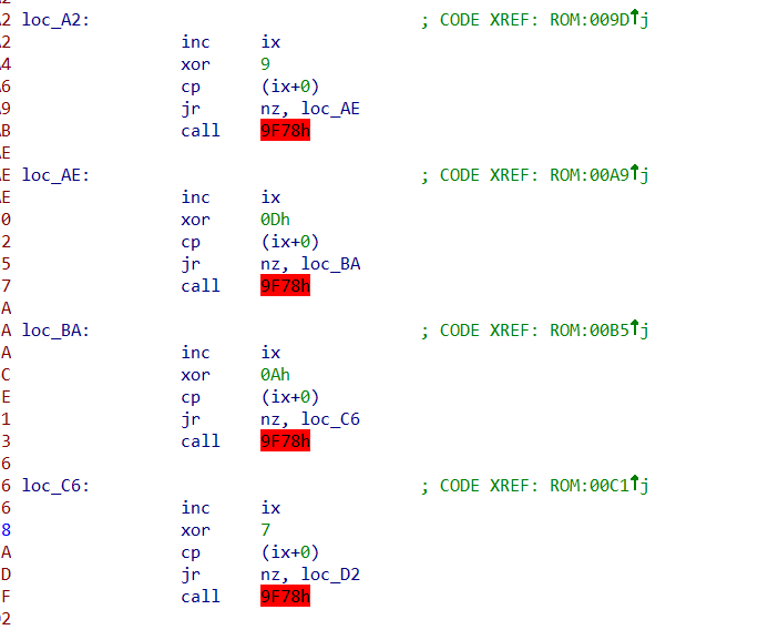 IDA : succession de blocs Z80 qui xorent une valeur puis la comparent à l'entrée pointée par IX