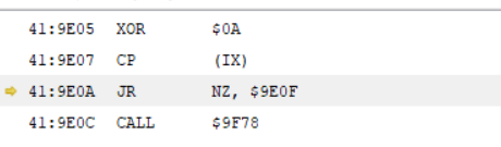 TilEm Debugger : instructions XOR puis CP (IX) où l'on lit le registre A attendu pour chaque caractère