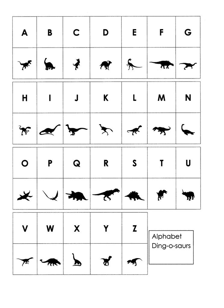 Alphabet Ding-o-saurs : tableau associant chaque lettre de A à Z à une silhouette de dinosaure