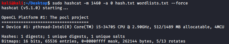 Terminal : lancement de hashcat en mode 1460 sur la wordlist pour retrouver le mot de passe admin
