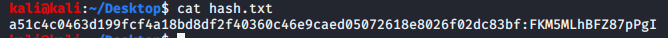 Terminal : cat hash.txt affiche le condensat admin remis au format attendu par hashcat