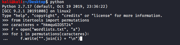 Terminal Python : génération d'une wordlist de toutes les permutations des caractères trouvés